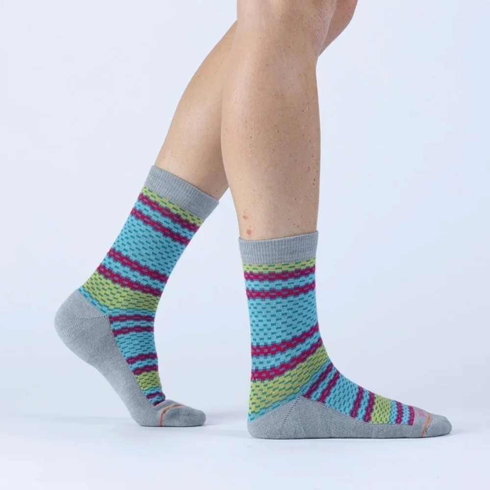 Pistil Phoebe Crew Socks Merino Wool Blend Teal Stripe Grey Womens Medium NEW